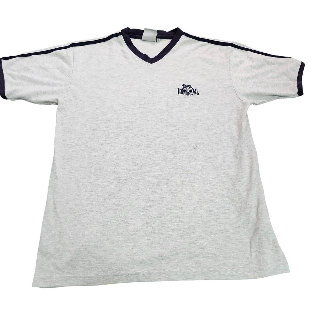 Lonsdale London Mens V-Neck T-Shirt Gray Navy Blue Ringer Stripe Small 11939